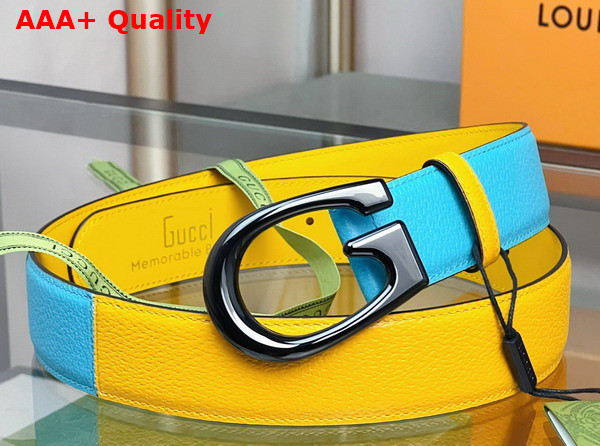 Gucci Two Tone Belt with G Buckle Yellow and Dusty Blue Leather 709954 Replica