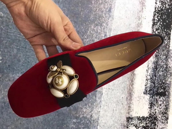 Gucci Velvet Ballet Flat with Bee in Hibiscus Red Velvet