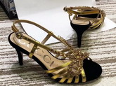 Gucci Velvet and Leather Sandal in Black Velvet and Gold Metallic Leather