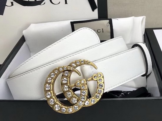 Gucci White Leather Belt with Crystal Double G Buckle