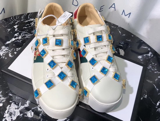 Gucci Womens Ace Embroidered Platform Sneaker with Crystals White Leather 577573