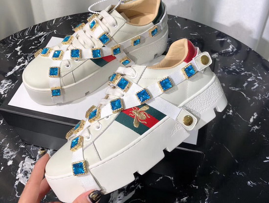 Gucci Womens Ace Embroidered Platform Sneaker with Crystals White Leather 577573