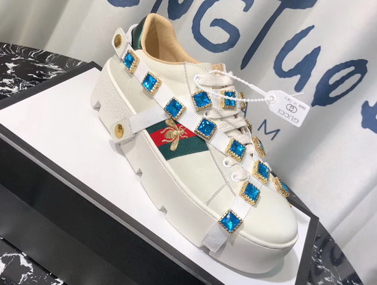 Gucci Womens Ace Embroidered Platform Sneaker with Crystals White Leather 577573