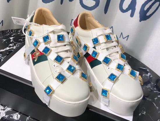 Gucci Womens Ace Embroidered Platform Sneaker with Crystals White Leather 577573