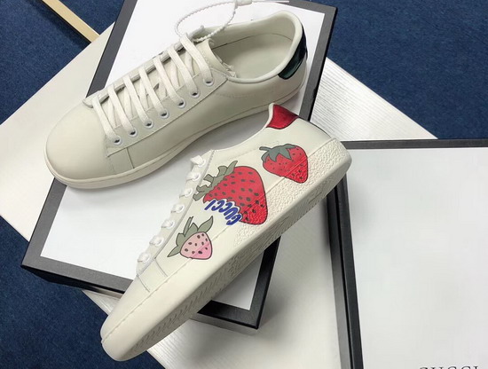 Gucci Womens Ace Sneaker with Gucci Strawberry White Leather