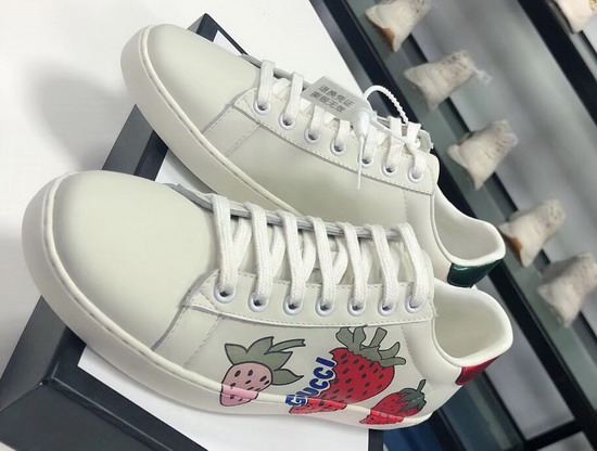 Gucci Womens Ace Sneaker with Gucci Strawberry White Leather