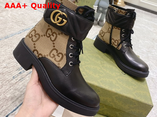 Gucci Womens Ankle Boot with Double G Beige and Ebony Maxi GG Canvas with Black Leather Details 678984 Replica