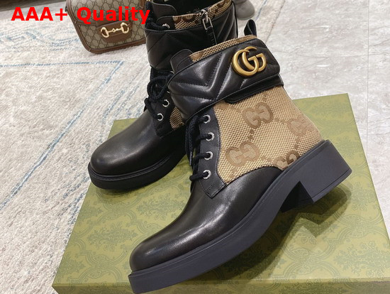 Gucci Womens Ankle Boot with Double G Beige and Ebony Maxi GG Canvas with Black Leather Details 678984 Replica