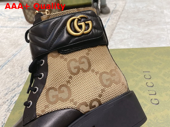 Gucci Womens Ankle Boot with Double G Beige and Ebony Maxi GG Canvas with Black Leather Details 678984 Replica