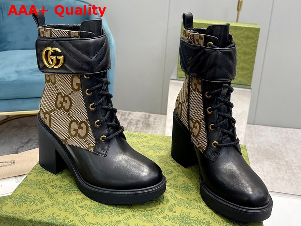 Gucci Womens Ankle Boot with Double G Beige and Ebony Maxi GG Canvas with Black Leather Details 752517 Replica