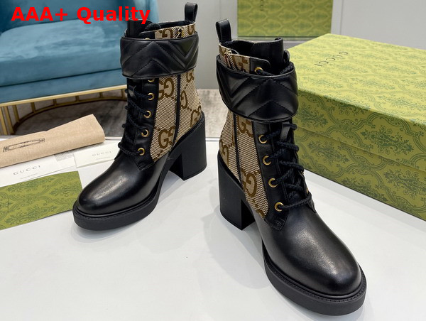 Gucci Womens Ankle Boot with Double G Beige and Ebony Maxi GG Canvas with Black Leather Details 752517 Replica