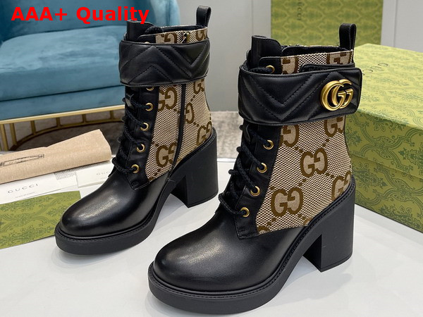 Gucci Womens Ankle Boot with Double G Beige and Ebony Maxi GG Canvas with Black Leather Details 752517 Replica