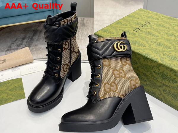 Gucci Womens Ankle Boot with Double G Beige and Ebony Maxi GG Canvas with Black Leather Details 752517 Replica