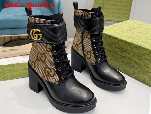 Gucci Womens Ankle Boot with Double G Beige and Ebony Maxi GG Canvas with Black Leather Details 752517 Replica