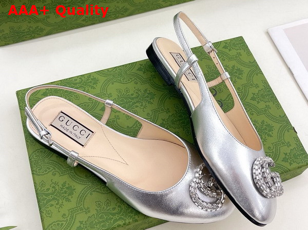 Gucci Womens Ballerina with Double G in Silver Leather 762765 Replica