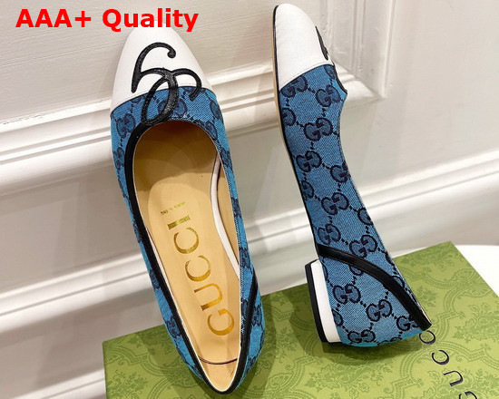 Gucci Womens Ballet Flat with G Applique Blue GG Canvas and White Leather 658904 Replica