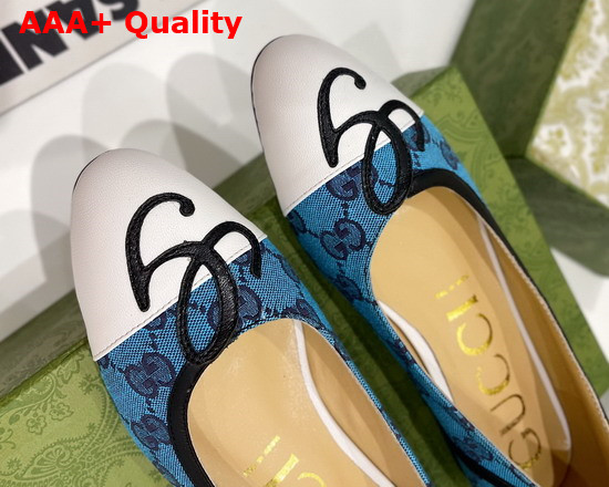 Gucci Womens Ballet Flat with G Applique Blue GG Canvas and White Leather 658904 Replica