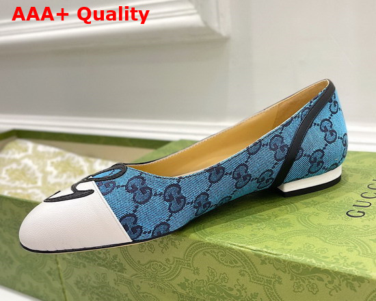 Gucci Womens Ballet Flat with G Applique Blue GG Canvas and White Leather 658904 Replica