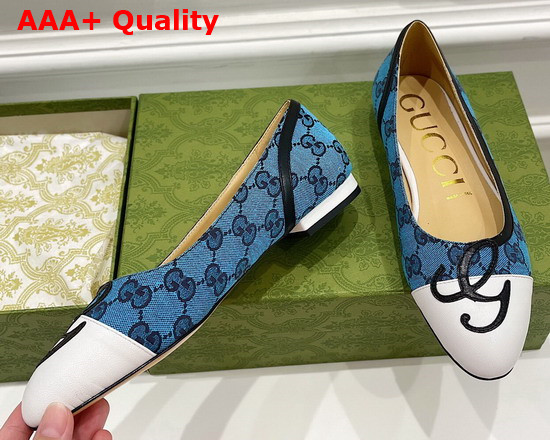 Gucci Womens Ballet Flat with G Applique Blue GG Canvas and White Leather 658904 Replica