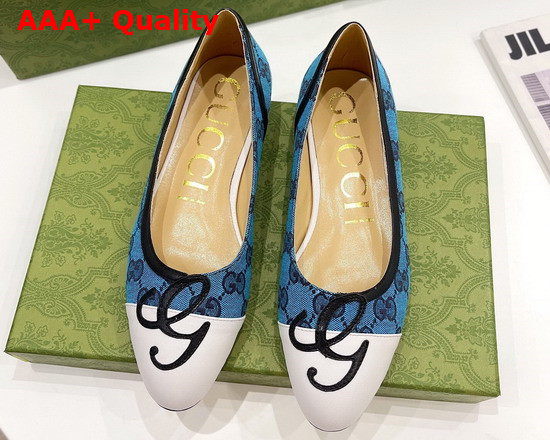 Gucci Womens Ballet Flat with G Applique Blue GG Canvas and White Leather 658904 Replica