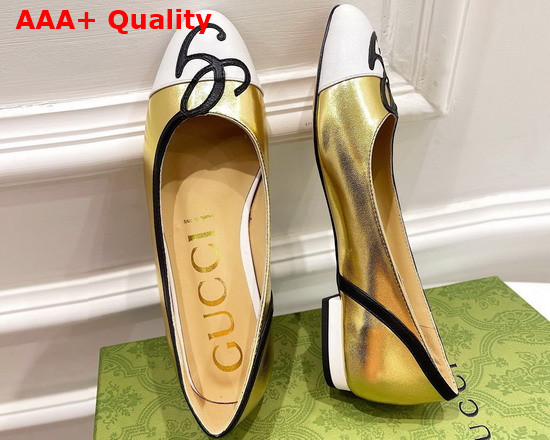 Gucci Womens Ballet Flat with G Applique Gold and White Leather 658904 Replica