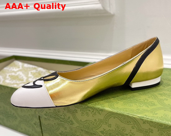 Gucci Womens Ballet Flat with G Applique Gold and White Leather 658904 Replica