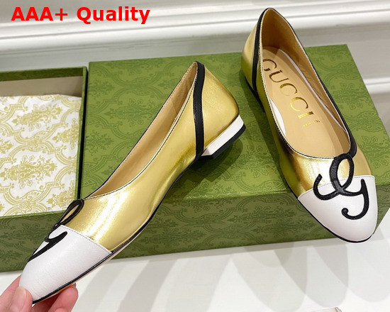 Gucci Womens Ballet Flat with G Applique Gold and White Leather 658904 Replica