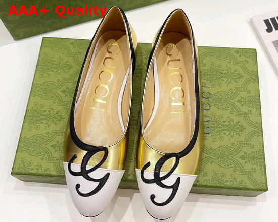 Gucci Womens Ballet Flat with G Applique Gold and White Leather 658904 Replica