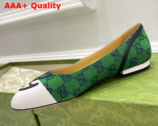 Gucci Womens Ballet Flat with G Applique Green GG Canvas and White Leather 658904 Replica