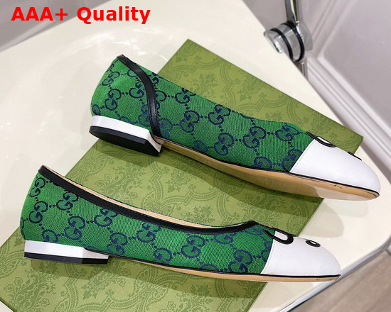 Gucci Womens Ballet Flat with G Applique Green GG Canvas and White Leather 658904 Replica