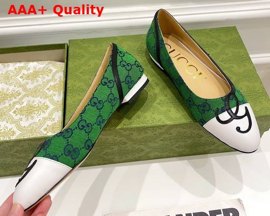 Gucci Womens Ballet Flat with G Applique Green GG Canvas and White Leather 658904 Replica