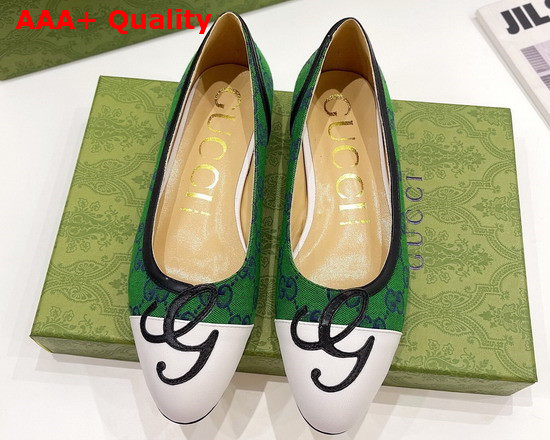 Gucci Womens Ballet Flat with G Applique Green GG Canvas and White Leather 658904 Replica