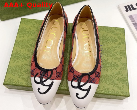 Gucci Womens Ballet Flat with G Applique Orange GG Canvas and White Leather 658904 Replica