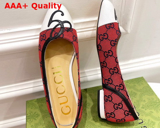 Gucci Womens Ballet Flat with G Applique Red GG Canvas and White Leather 658904 Replica