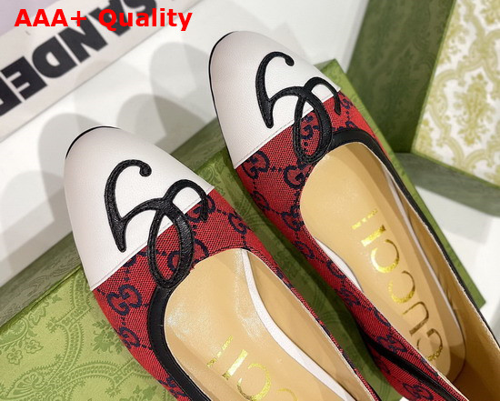 Gucci Womens Ballet Flat with G Applique Red GG Canvas and White Leather 658904 Replica