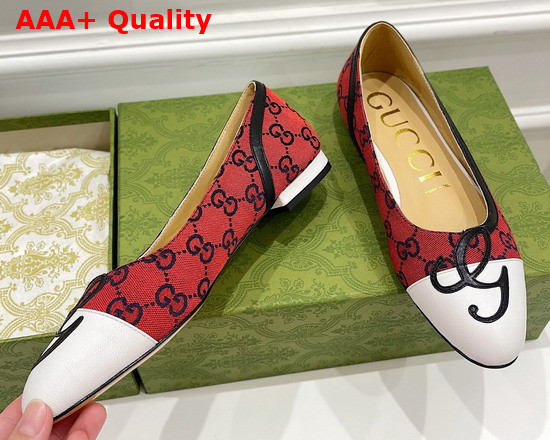 Gucci Womens Ballet Flat with G Applique Red GG Canvas and White Leather 658904 Replica