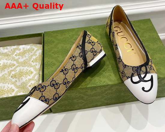 Gucci Womens Ballet Flat with G Applique Yellow GG Canvas and White Leather 658904 Replica