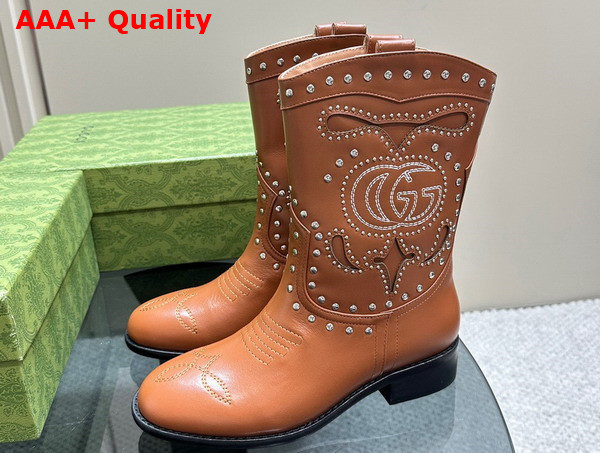 Gucci Womens Boot with Double G and Studs Brown Leather 750508 Replica