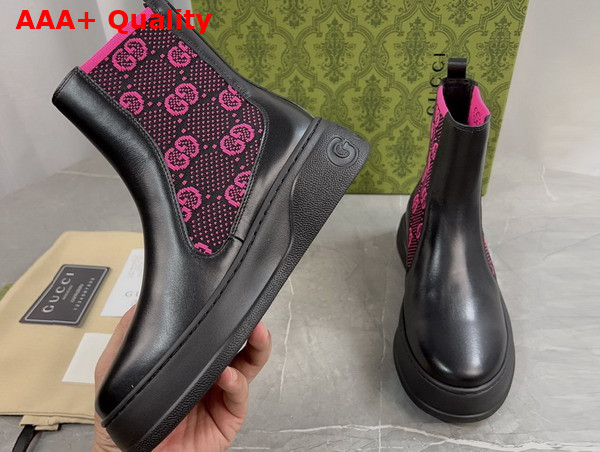 Gucci Womens Boot with GG Jersey Black Leather with Fuchsia GG Stretch Jersey Insert 718718 Replica