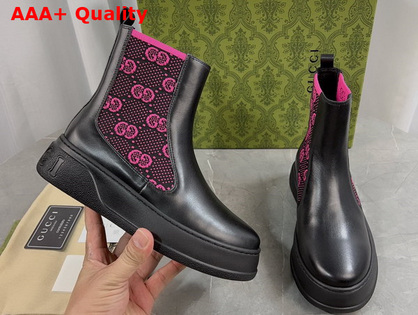 Gucci Womens Boot with GG Jersey Black Leather with Fuchsia GG Stretch Jersey Insert 718718 Replica