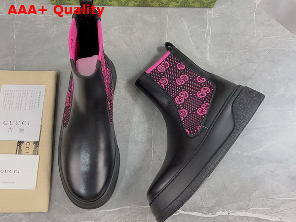 Gucci Womens Boot with GG Jersey Black Leather with Fuchsia GG Stretch Jersey Insert 718718 Replica