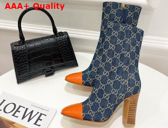 Gucci Womens Boot with Interlocking G in Dark Blue GG Jacquard Denim and Orange Tip 658946 Replica