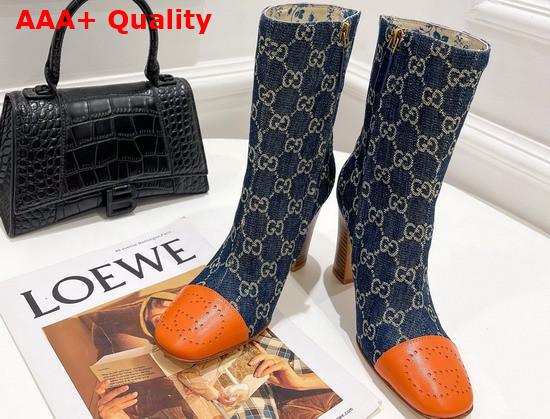 Gucci Womens Boot with Interlocking G in Dark Blue GG Jacquard Denim and Orange Tip 658946 Replica