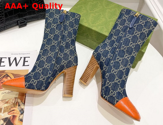 Gucci Womens Boot with Interlocking G in Dark Blue GG Jacquard Denim and Orange Tip 658946 Replica