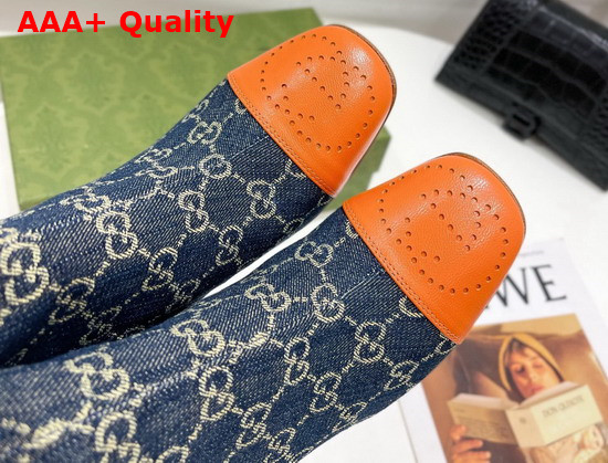 Gucci Womens Boot with Interlocking G in Dark Blue GG Jacquard Denim and Orange Tip 658946 Replica