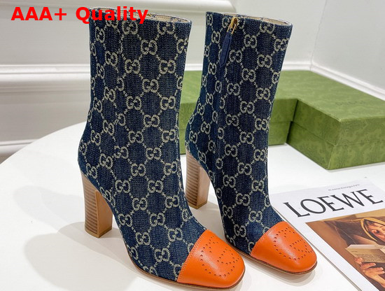 Gucci Womens Boot with Interlocking G in Dark Blue GG Jacquard Denim and Orange Tip 658946 Replica