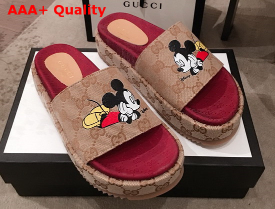 Gucci Womens Disney X Gucci GG Slide Sandal Beige and Ebony GG Canvas Replica