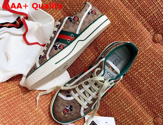 Gucci Womens Disney X Gucci Tennis 1977 Sneaker with Web Beige and Ebony Mini GG Canvas with Mickey Mouse Print 606110 Replica