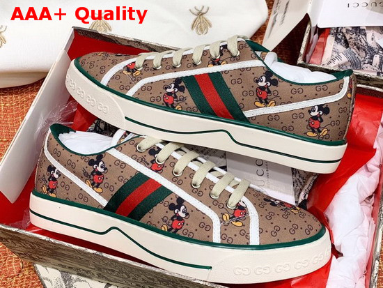 Gucci Womens Disney X Gucci Tennis 1977 Sneaker with Web Beige and Ebony Mini GG Canvas with Mickey Mouse Print 606110 Replica