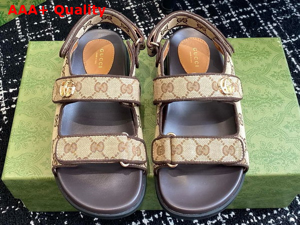 Gucci Womens Double G Sandal in Beige and Ebony Original GG Canvas 771575 Replica